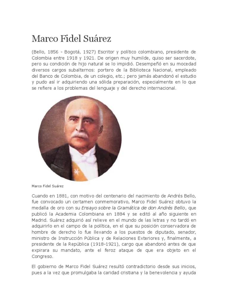 hechos historicos de la vida de marco fidel suarez - Cómo se llamaba el sacerdote que ayudó a Marco Fidel Suárez