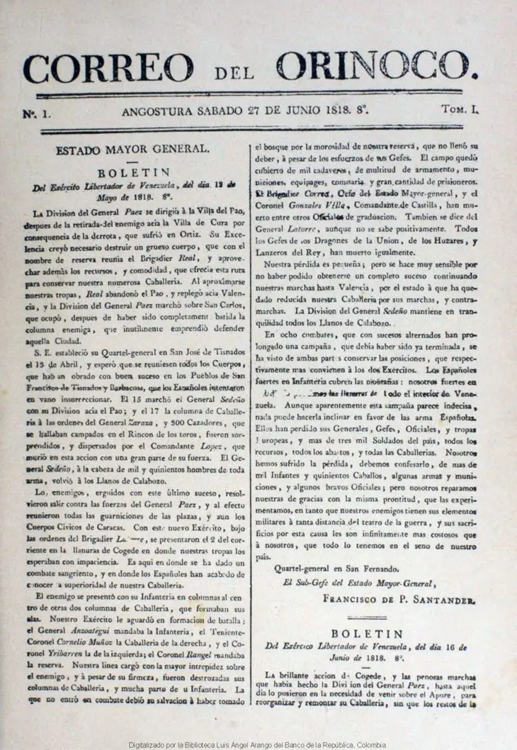 hechos historicos de la independencia conmemoracion del correo del orinoco - Dónde fue impreso el Correo del Orinoco